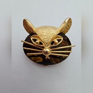 Vintage BSK Gold Tone & Amber Glass Cat Brooch​Add a touch of Mid-Century